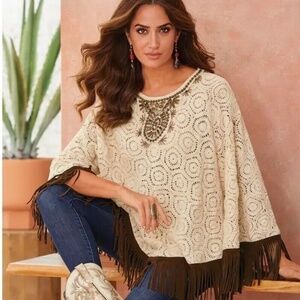 Midnight Velvet Beige‎ Lace Fringe Cowgirl Country Western Poncho, Size 3x